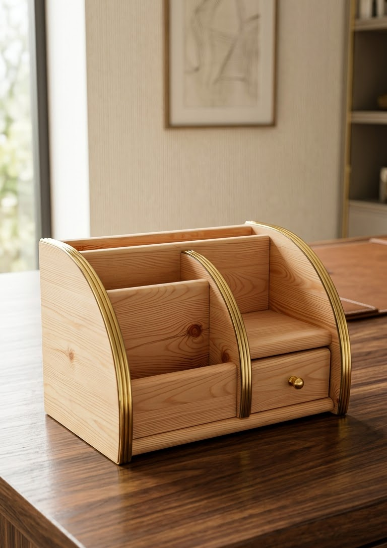Handcrafted Wooden Organizer with Multiple Compartments & Drawer | Premium Home & Desk Storage