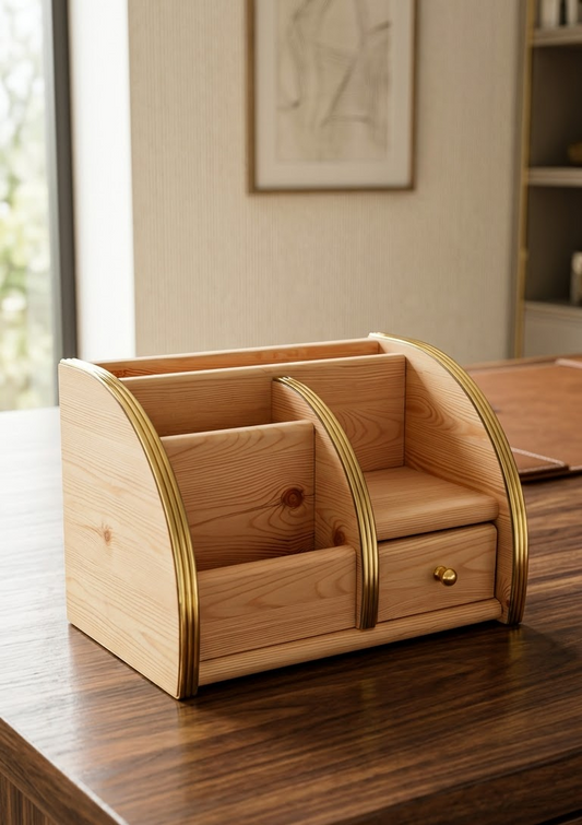 Handcrafted Wooden Organizer with Multiple Compartments & Drawer | Premium Home & Desk Storage