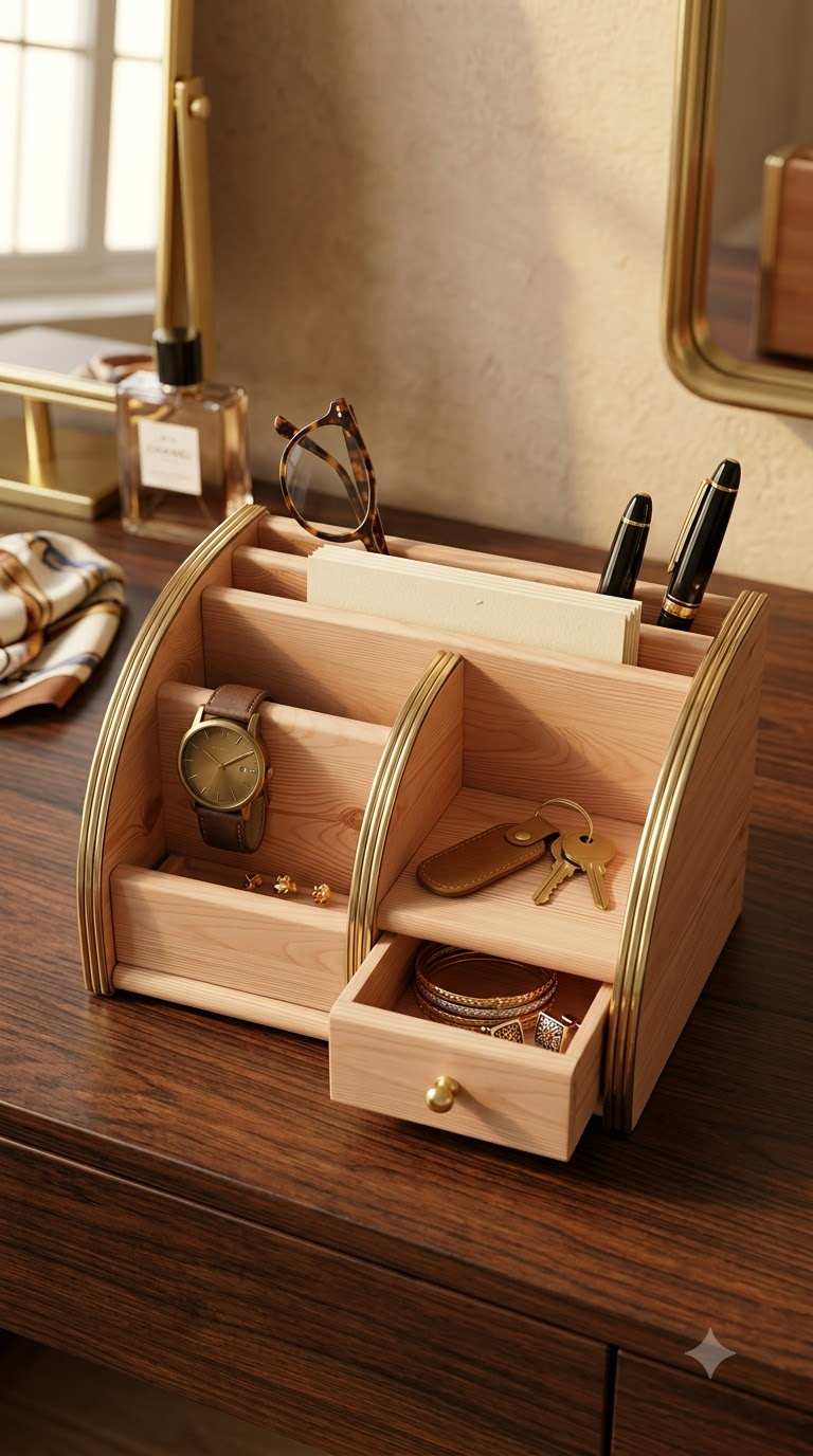 Handcrafted Wooden Organizer with Multiple Compartments & Drawer | Premium Home & Desk Storage